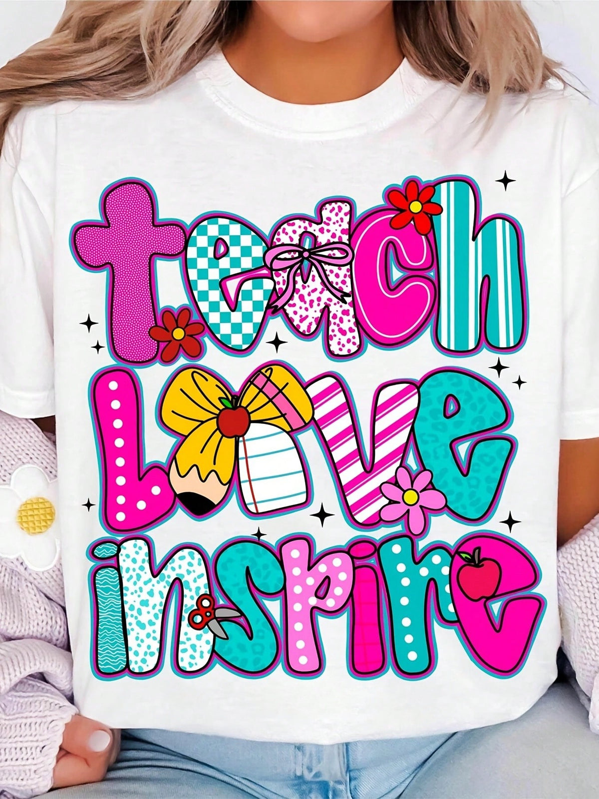 Women's Teacher T-Shirt - Teach Love Inspire Graphic Tee - Soft Breathable Cotton Shirt - Teacher Apparel With Pink, eacher Appreciation Present