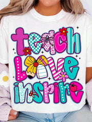 Women's Teacher T-Shirt - Teach Love Inspire Graphic Tee - Soft Breathable Cotton Shirt - Teacher Apparel With Pink, eacher Appreciation Present