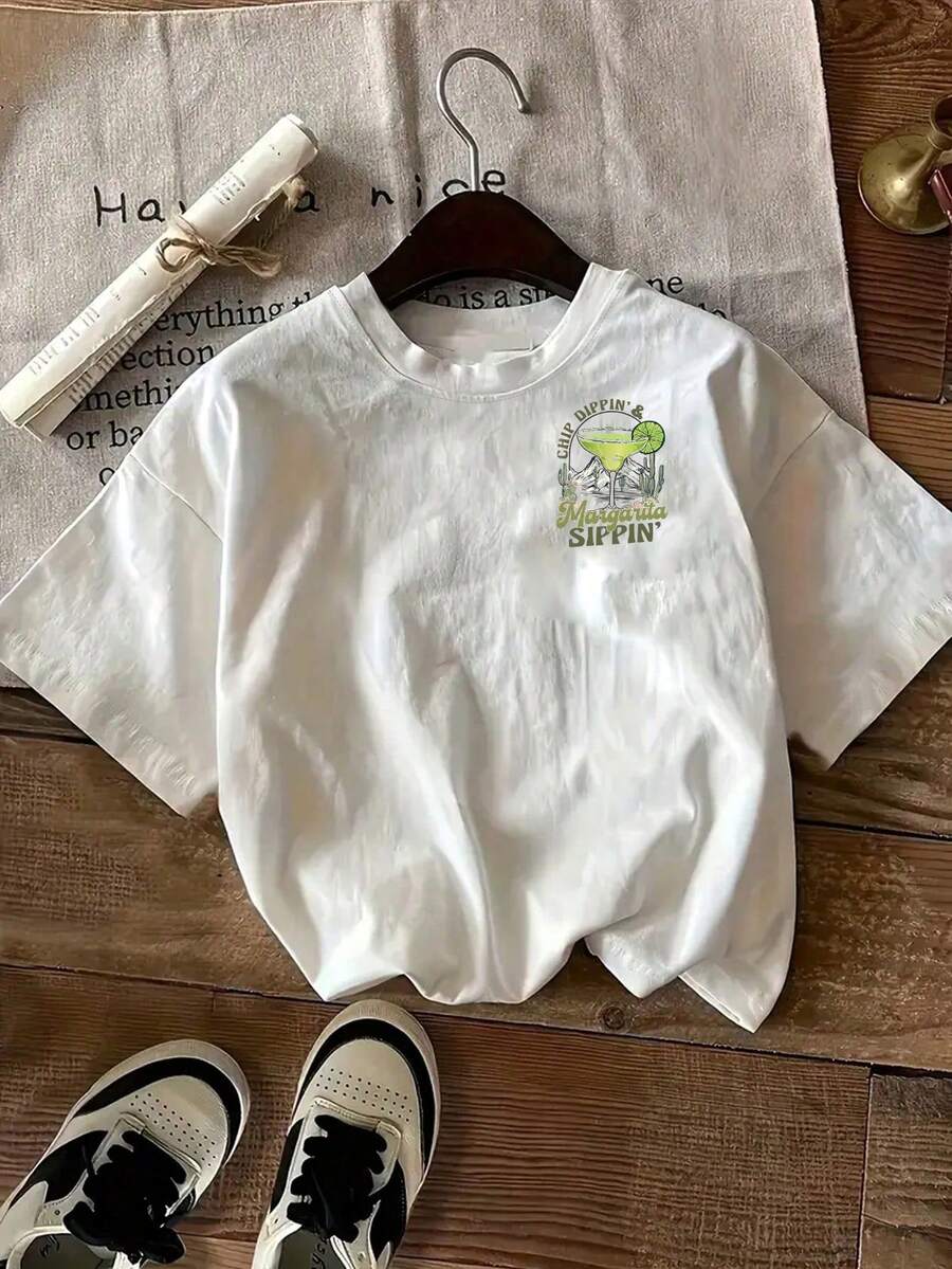 Men's Chip Dippin Margarita Sippin Funny Print T-Shirt, Summer Casual Top