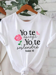 Spanish Religious Letter Print T-Shirt, Short Sleeve Crew Neck Casual Top For Summer & Spring, Women's Clothing