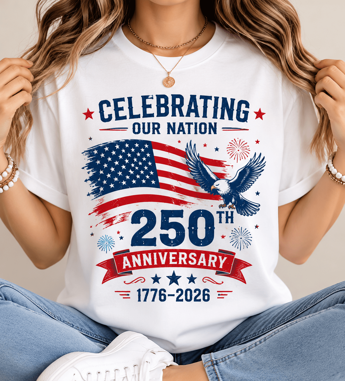 1776-2026 America 250th Anniversary Short Sleeve Tee, Fourth of July Eagle Flag Fireworks Patriotic Cotton T-Shirt