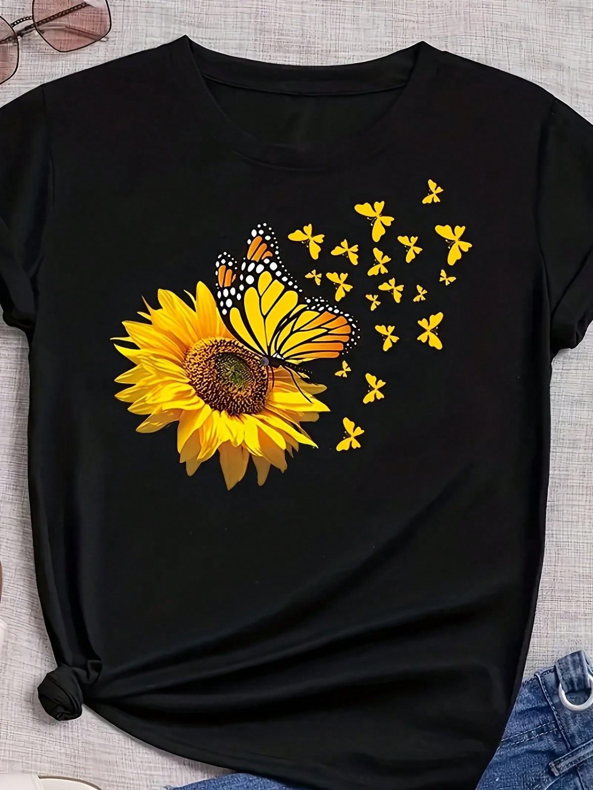 Sunflower Print T-Shirt, Short Sleeve Crew Neck Casual Top, Women's Clothing Women's Summer Casual Graphic Print T-Shirt Short Sleeve Cr