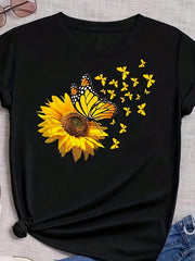 Sunflower Print T-Shirt, Short Sleeve Crew Neck Casual Top, Women's Clothing Women's Summer Casual Graphic Print T-Shirt Short Sleeve Cr