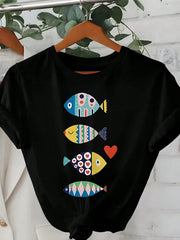 Women's Colorful Fish Graphic T-Shirt, Cute Coastal Ocean Print Crew Neck Short Sleeve Casual Summer Tee, Soft Lightweight Beach Vacation Top