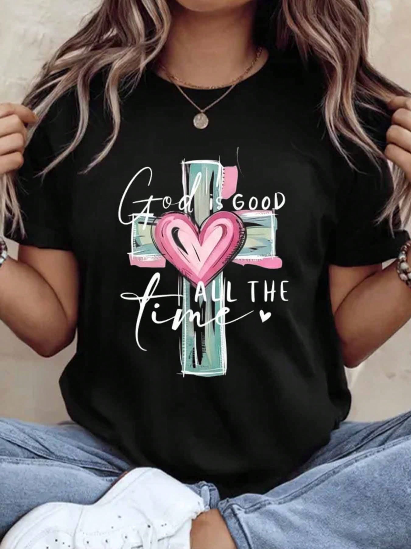 God Is Good All The Time Christian Cross Heart T Shirt For Women Faith Inspired Religious Top Cute Summer Outfit