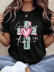 God Is Good All The Time Christian Cross Heart T Shirt For Women Faith Inspired Religious Top Cute Summer Outfit Mother Day Gift Idea