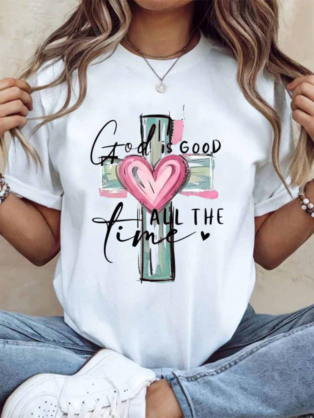 God Is Good All The Time Christian Cross Heart T Shirt For Women Faith Inspired Religious Top Cute Summer Outfit