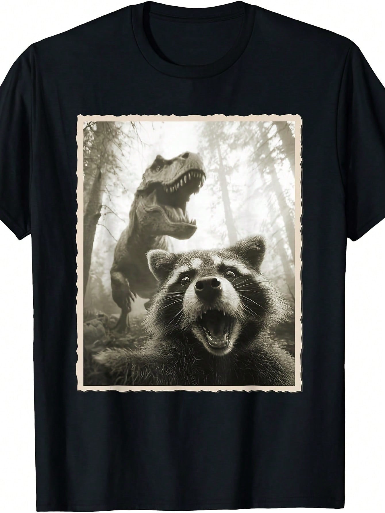 Raccoon Selfie With Dinosaur And Fun Tyrannosaurus Rex T-Shirt Vintage Round Neck