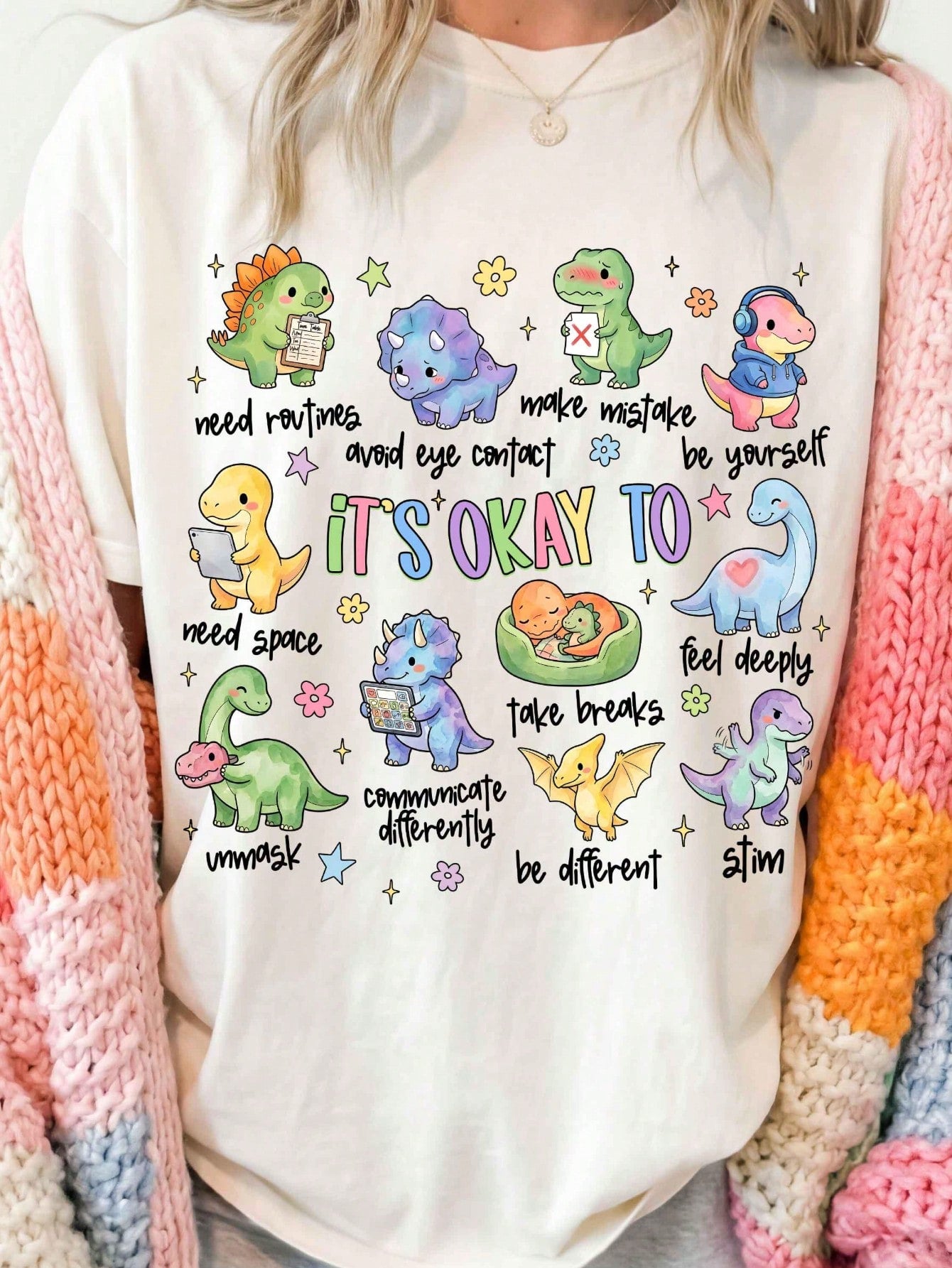 It's Okay To Be Different T-Shirt Neurodiversity Autism ADHD Dinosaur Tee