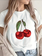 Short-Sleeve TShirt Featuring A Cherry Design, Ideal For Casual Occasions At Home, In Restaurants, Or Outdoors