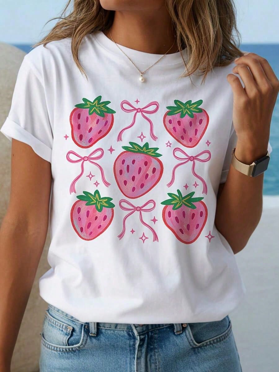 Women's Cute Strawberry Print T-Shirt - Red Strawberries And Pink Bows Short-Sleeve Top, Casual Shirt, Cute Style Strawberry Shirt