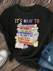 Women's It's Okay To Make Mistakes Book Graphic T-Shirt, Inspirational Positive Quote Casual Short Sleeve Crew Neck Tee