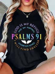 Women's Black T-Shirt With Colorful Religious Psalm 91 Text & White Wings Graphic, Christian Faith Casual Tee For Church, Daily Wear