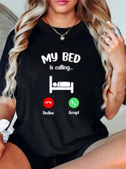 Women Funny My Bed Is Calling Graphic T-Shirt Casual Crewneck Short Sleeve Top Comfy Lazy Day Home Loungewear Casual Daily Tee For Ladies