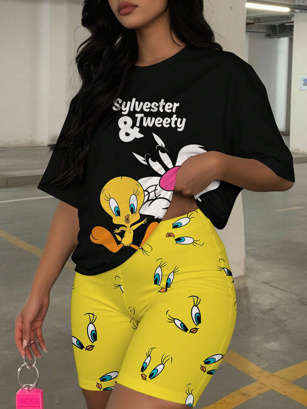 Funny Tweety And Sylvester Print Plus Size Women 2pcs Set - Short Sleeve T-Shirt And Shorts