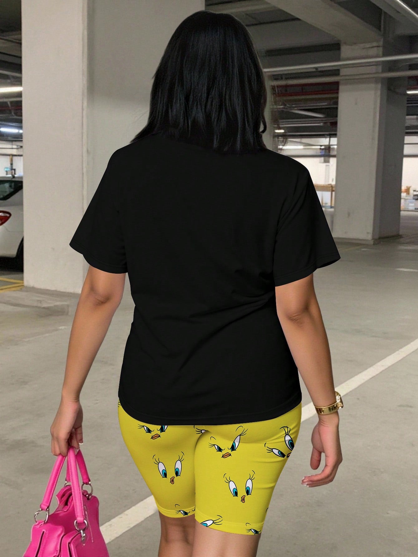 Funny Tweety And Sylvester Print Plus Size Women 2pcs Set - Short Sleeve T-Shirt And Shorts