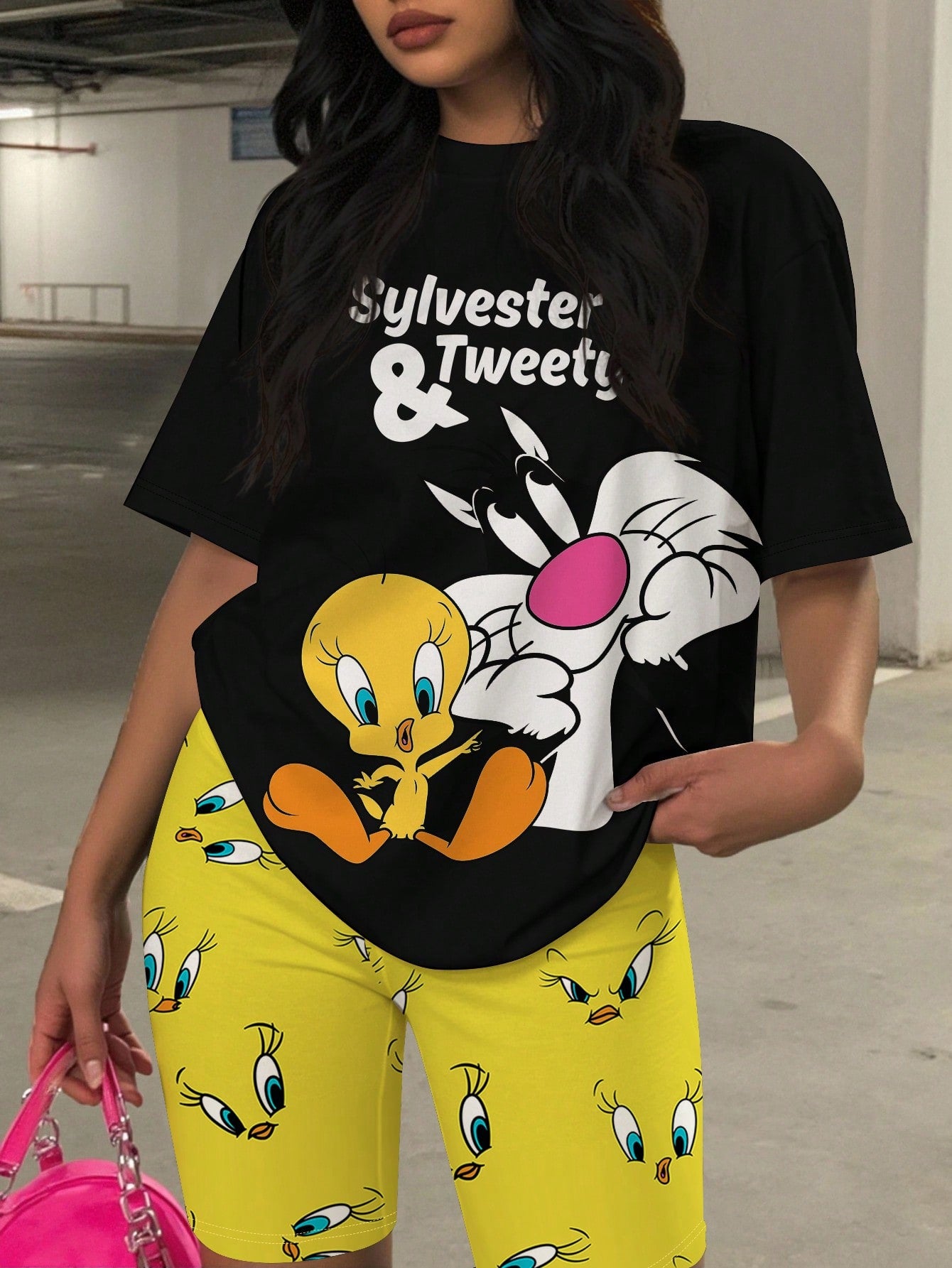 Funny Tweety And Sylvester Print Plus Size Women 2pcs Set - Short Sleeve T-Shirt And Shorts