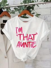 Women's Summer 100% Cotton Oversized "I'M THAT AUNTIE" Letter Print Short Sleeve T-Shirt