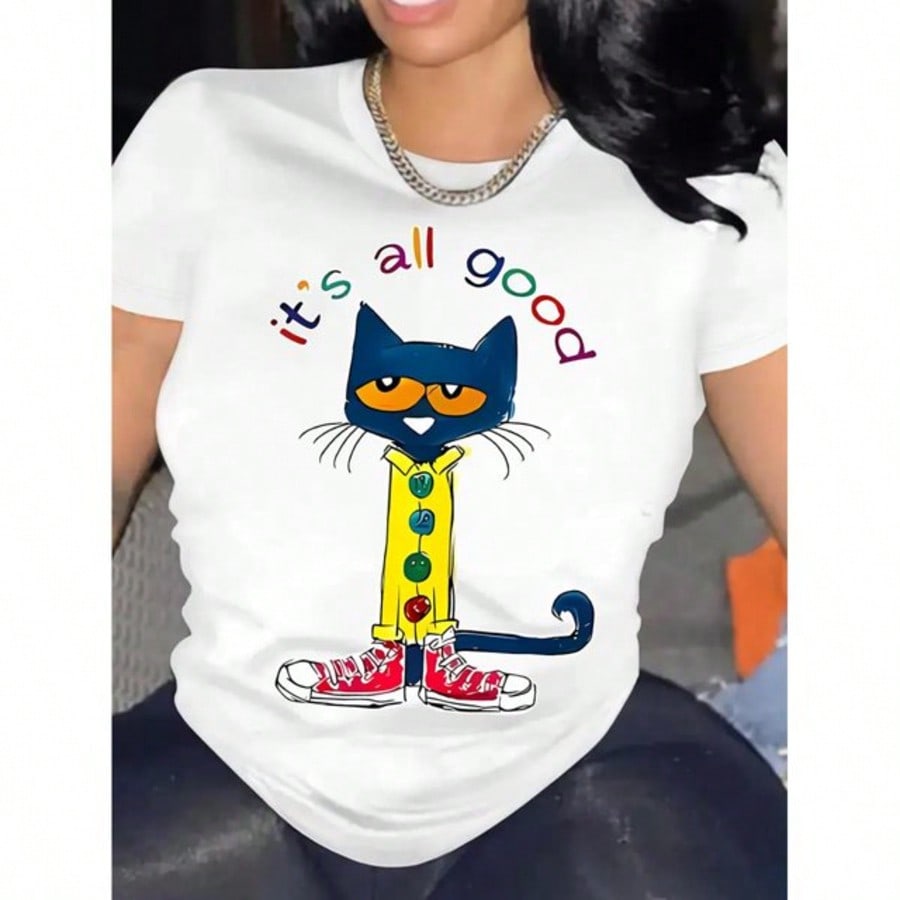 Cute Cat Graphic T-Shirt for Women, It's All Good Positive Quote Tee, Casual Crew Neck Short Sleeve Cotton Blend Shirt, Colorful Cartoon Style Everyday Graphic Top
