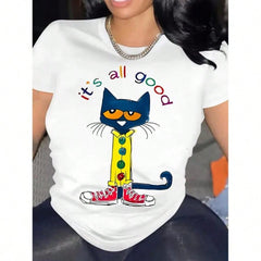 Cute Cat Graphic T-Shirt for Women, It's All Good Positive Quote Tee, Casual Crew Neck Short Sleeve Cotton Blend Shirt, Colorful Cartoon Style Everyday Graphic Top