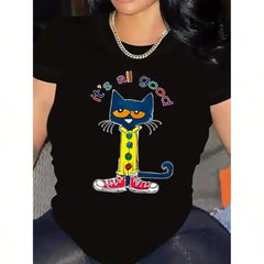 Cute Cat Graphic T-Shirt for Women, It's All Good Positive Quote Tee, Casual Crew Neck Short Sleeve Cotton Blend Shirt, Colorful Cartoon Style Everyday Graphic Top