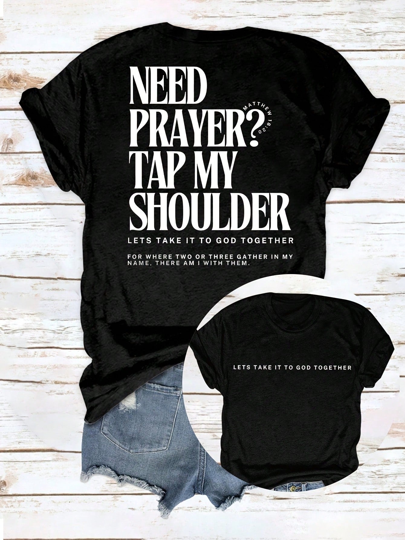 Christian Prayer Graphic T-Shirt, Need Prayer Tap My Shoulder Faith Quote Short Sleeve Crew Neck Tee, Matthew 18:20 Bible Verse Shirt, Religious Gift for Women & Men