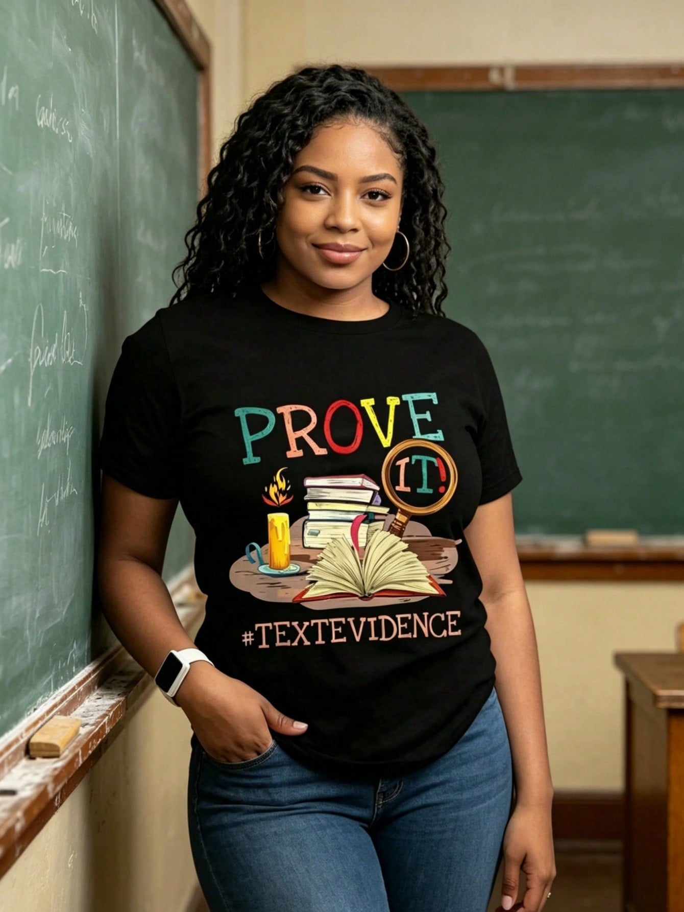 Women’s Prove It Text Evidence English Reading Teacher Graphic T-Shirt, Colorful Book Candle Magnifier Print Crew Neck Short Sleeve Tee, Soft Cotton Back To School Casual Educator Top