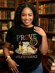 Women’s Prove It Text Evidence English Reading Teacher Graphic T-Shirt, Colorful Book Candle Magnifier Print Crew Neck Short Sleeve Tee, Soft Cotton Back To School Casual Educator Top