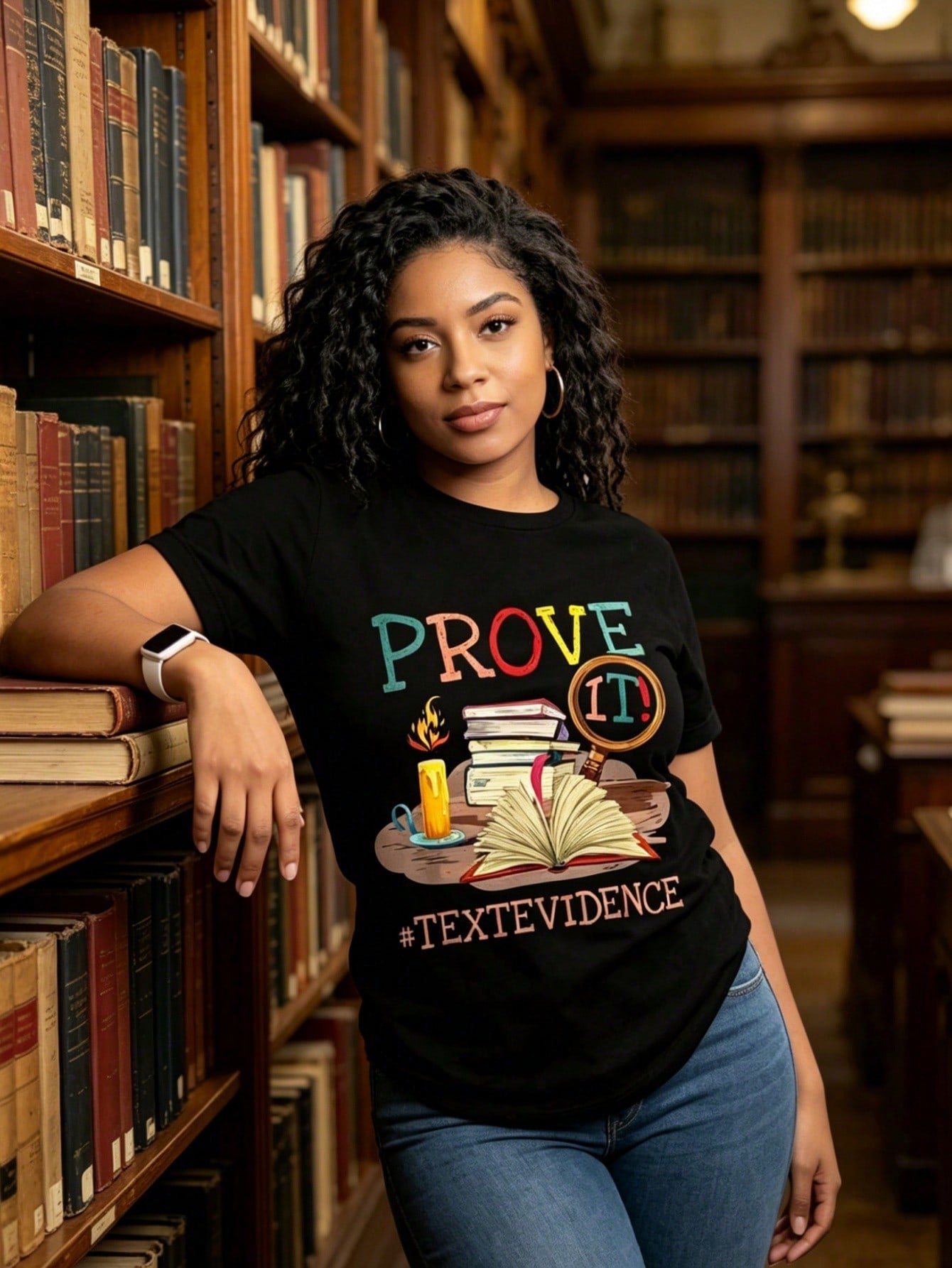 Women’s Prove It Text Evidence English Reading Teacher Graphic T-Shirt, Colorful Book Candle Magnifier Print Crew Neck Short Sleeve Tee, Soft Cotton Back To School Casual Educator Top