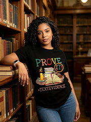 Women’s Prove It Text Evidence English Reading Teacher Graphic T-Shirt, Colorful Book Candle Magnifier Print Crew Neck Short Sleeve Tee, Soft Cotton Back To School Casual Educator Top