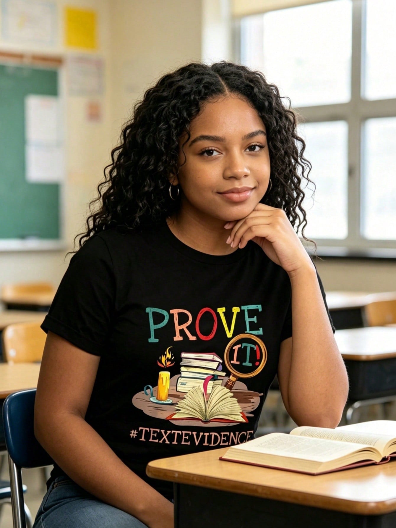 Women’s Prove It Text Evidence English Reading Teacher Graphic T-Shirt, Colorful Book Candle Magnifier Print Crew Neck Short Sleeve Tee, Soft Cotton Back To School Casual Educator Top