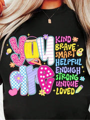 Women's Inspirational T-Shirt With "You Are Brave Smart Helpful Enough Strong Unique Loved" Positive Affirmations - Round Neck Short
