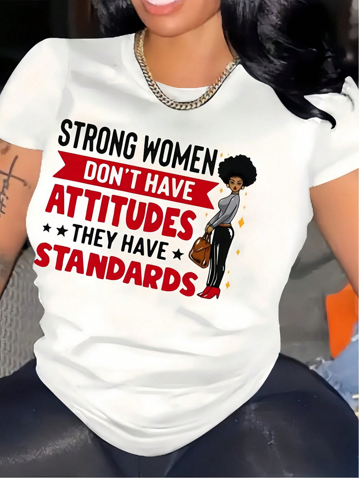 Women's Inspirational Graphic T-Shirt, Strong Women Have Standards Motivational Quote Tee, Casual Crew Neck Short Sleeve Empowerment Shirt, Positive Graphic Top for Everyday Wear
