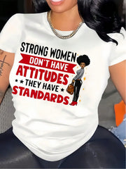Women's Inspirational Graphic T-Shirt, Strong Women Have Standards Motivational Quote Tee, Casual Crew Neck Short Sleeve Empowerment Shirt, Positive Graphic Top for Everyday Wear