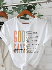 Women' God Says Bible Verse Print White TShirt Crew Neck Casual Cotton Tee Medium cotton Fabric Regular Fit For Female Ladies For