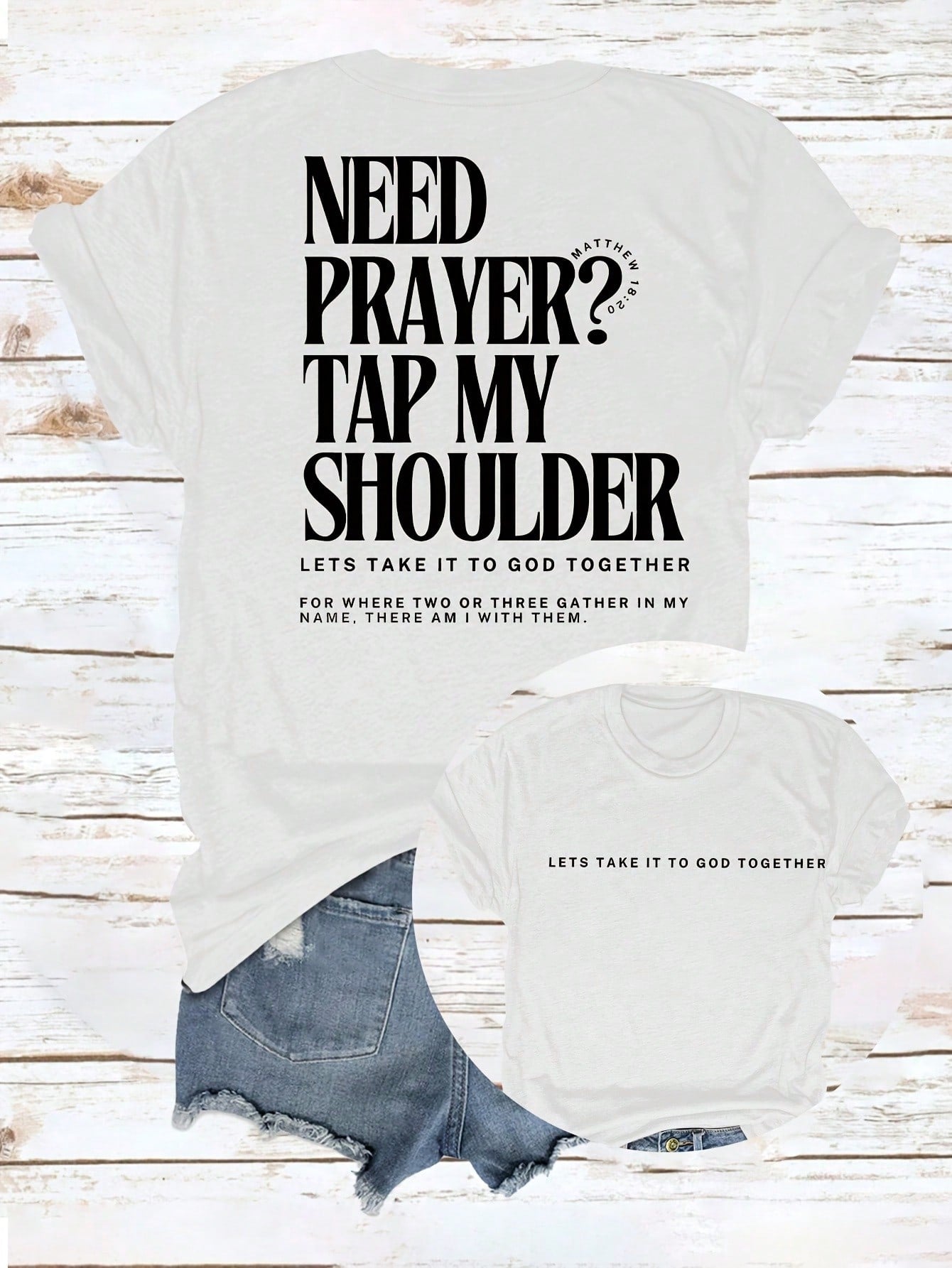 Christian Prayer Graphic T-Shirt, Need Prayer Tap My Shoulder Faith Quote Short Sleeve Crew Neck Tee, Matthew 18:20 Bible Verse Shirt, Religious Gift for Women & Men