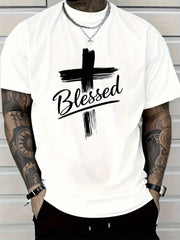 Men's Christian Faith T-Shirt With A Blessed Cross Print And Handwritten Lettering - Loose Fit, Crew Neck, Short Sleeve. Suitable For All Seasons