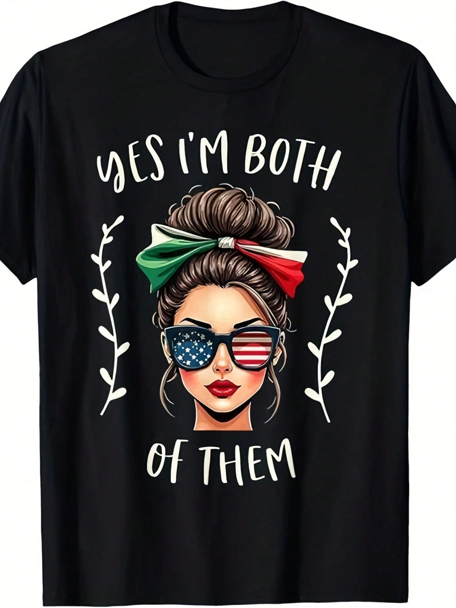Women's Mexican American Heritage Graphic T-Shirt, Yes I'm Both of Them Print, USA & Mexico Flag Inspired Crew Neck Short Sleeve Casual Tee
