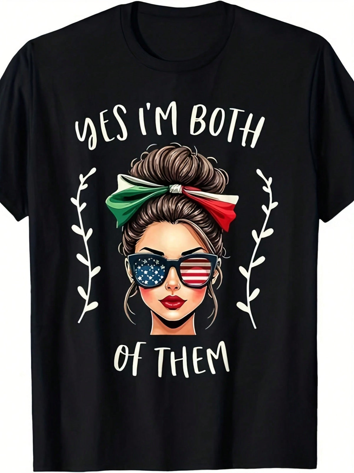 Women's Mexican American Heritage Graphic T-Shirt, Yes I'm Both of Them Print, USA & Mexico Flag Inspired Crew Neck Short Sleeve Casual Tee