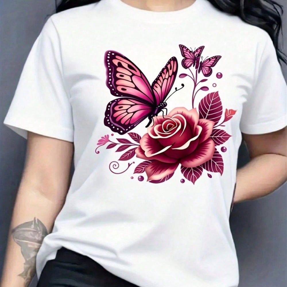 Short Sleeve TShirt Pink Butterfly Rose Floral Print Unisex Fit Casual, All-Season Blouse For Daily Wear, Pink & Burgundy