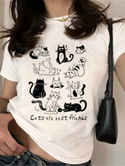 Clothes Cartoon Cats Print White TShirt, Unisex Casual Crew Neck Tshirt