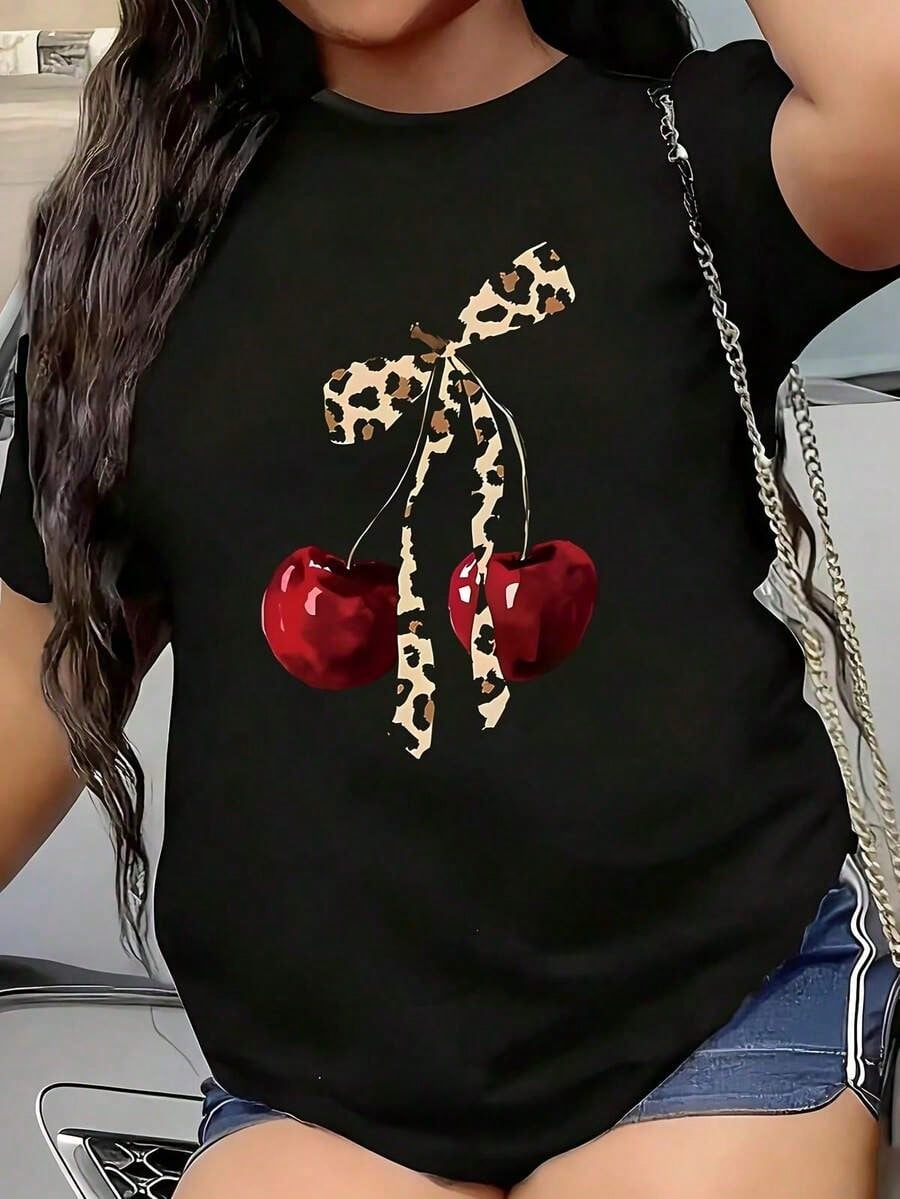 Women's Leopard Print Cherry Bow T-Shirt Graphic Short Sleeve Tee Graphic Tee Women'S Top Novelty Shirt Casual Crew Neck Top Women Tee Round Neck Top Women's Short Sleeve