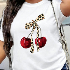 Women's Leopard Print Cherry Bow T-Shirt Graphic Short Sleeve Tee Graphic Tee Women'S Top Novelty Shirt Casual Crew Neck Top Women Tee Round Neck Top Women's Short Sleeve