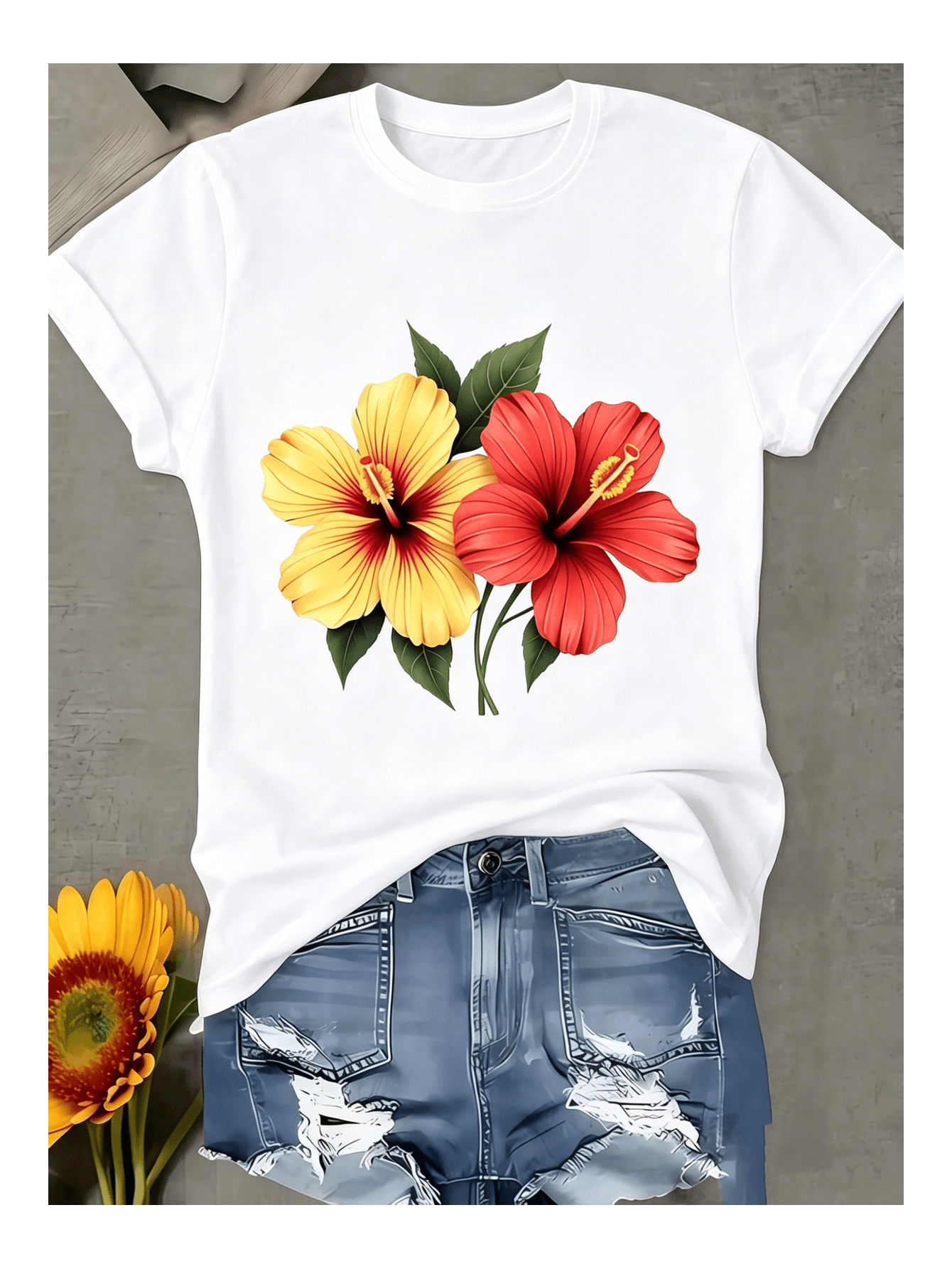 Women Clothes Hibiscus Print Black TShirt, Unisex Casual Crew Neck Tshirt