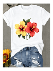 Women Clothes Hibiscus Print Black TShirt, Unisex Casual Crew Neck Tshirt