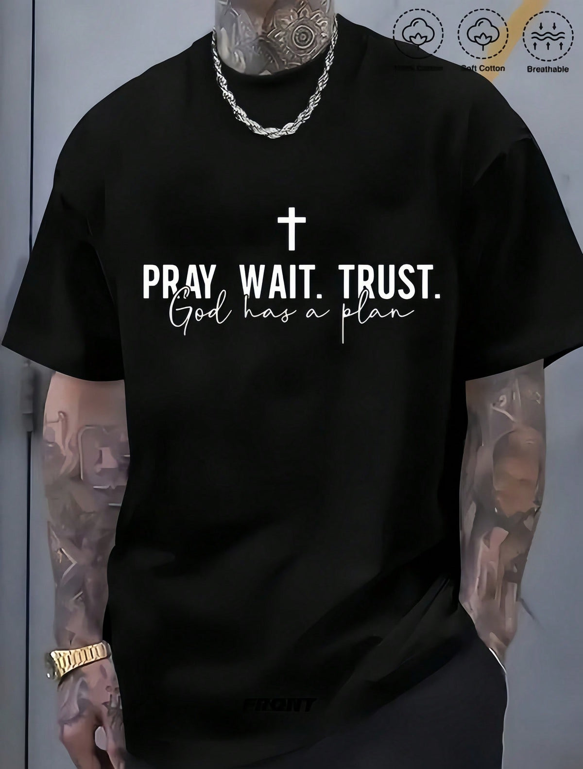 Man's Cross Faith Quote Print Black TShirt Crew Neck Casual Cotton Tee Medium Stretch Knit Fabric Regular Fit For Boys Man Perfect For