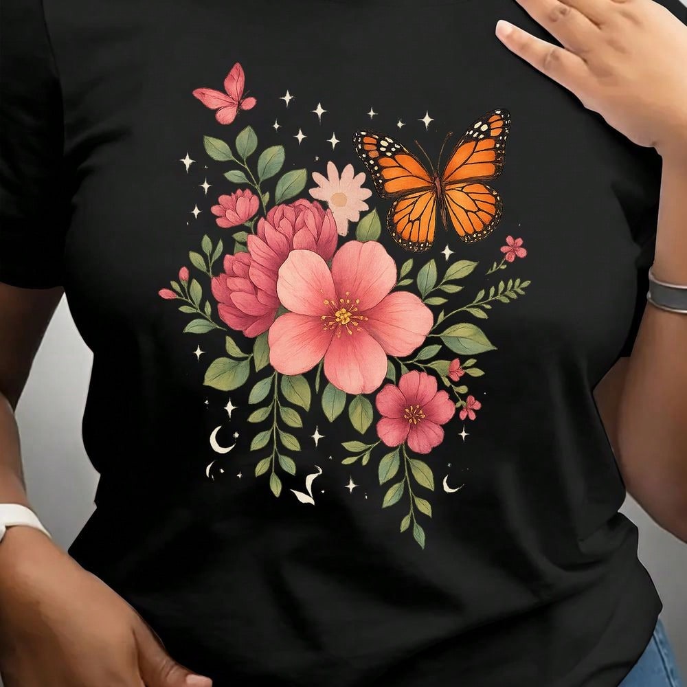Flower And Butterfly Women's Short-Sleeved Shirts, Women's Wear, Round-Neck Short-Sleeved T-Shirts, Casual Short-Sleeved Round-Neck Tops