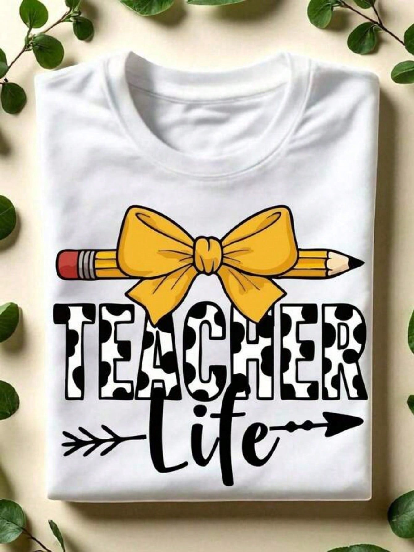 Women's Teacher Life Graphic T-Shirt, 100% Cotton Cow Print Teacher Lettering with Pencil and Yellow Coquette Bow, Crew Neck Short Sleeve Back to School Gift