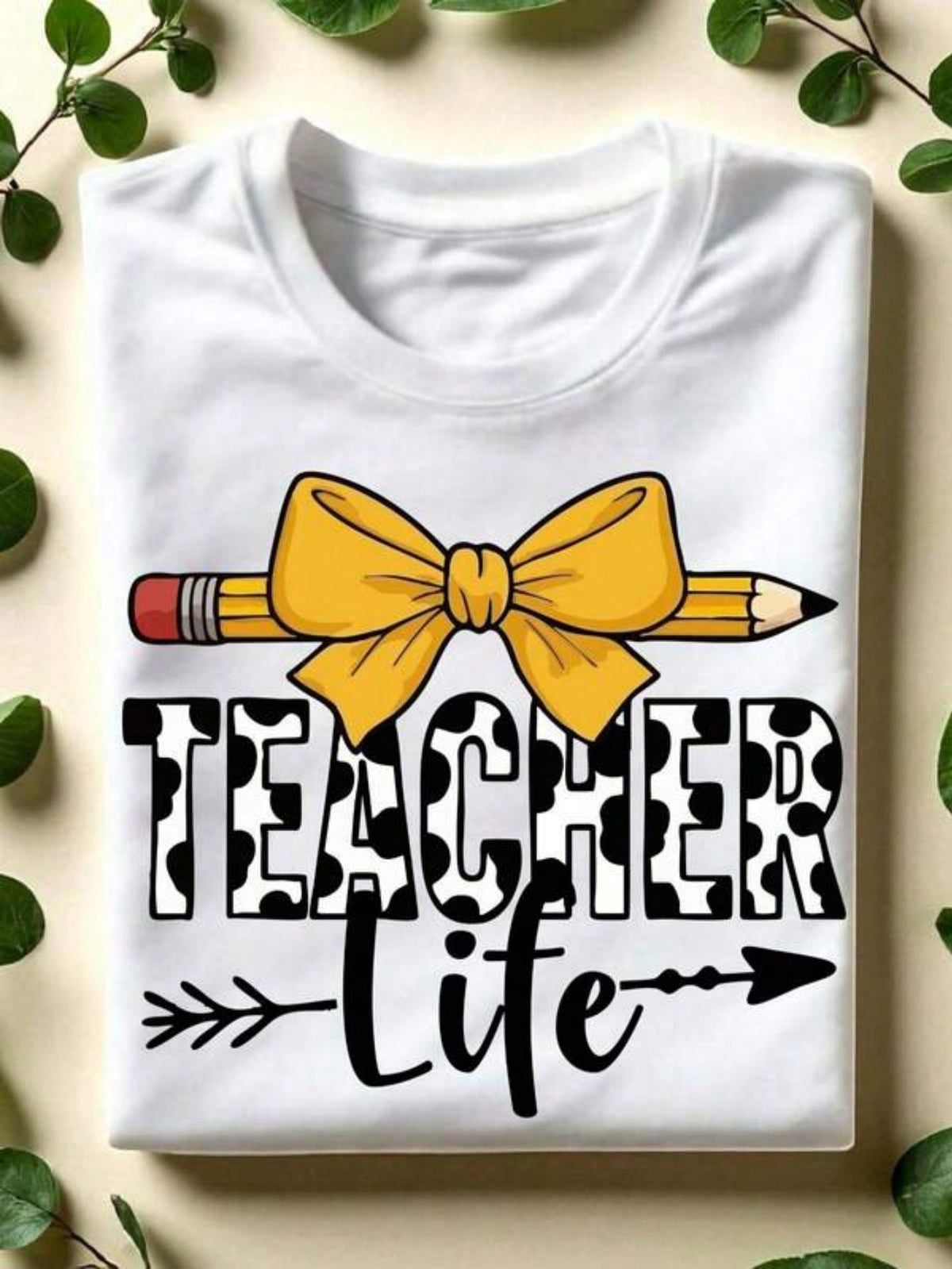 Women's Teacher Life Graphic T-Shirt, 100% Cotton Cow Print Teacher Lettering with Pencil and Yellow Coquette Bow, Crew Neck Short Sleeve Back to School Gift