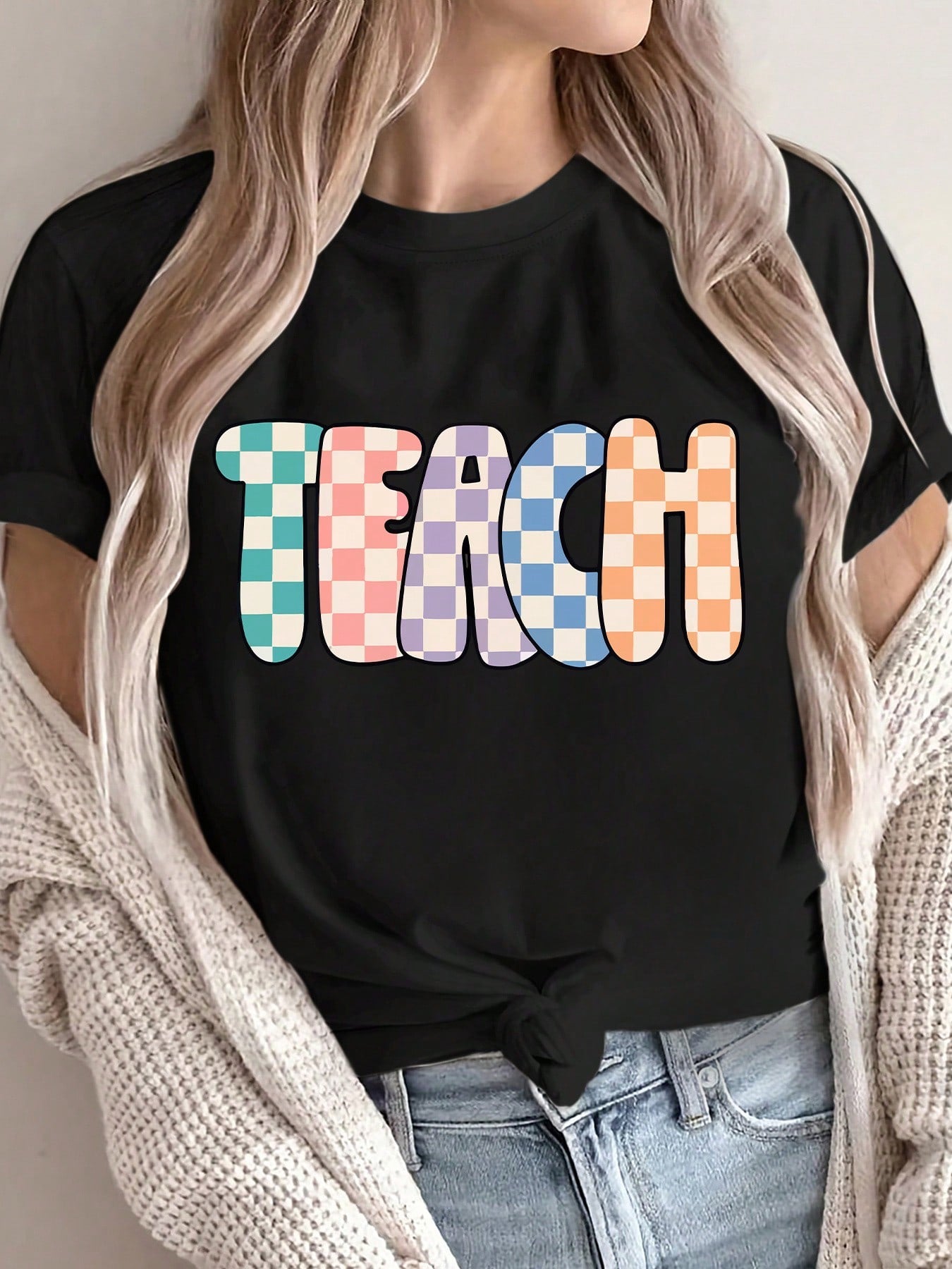 Women'S Colorful 'TEACH' Graphic Printed T-Shirt - Casual Short-Sleeve Round